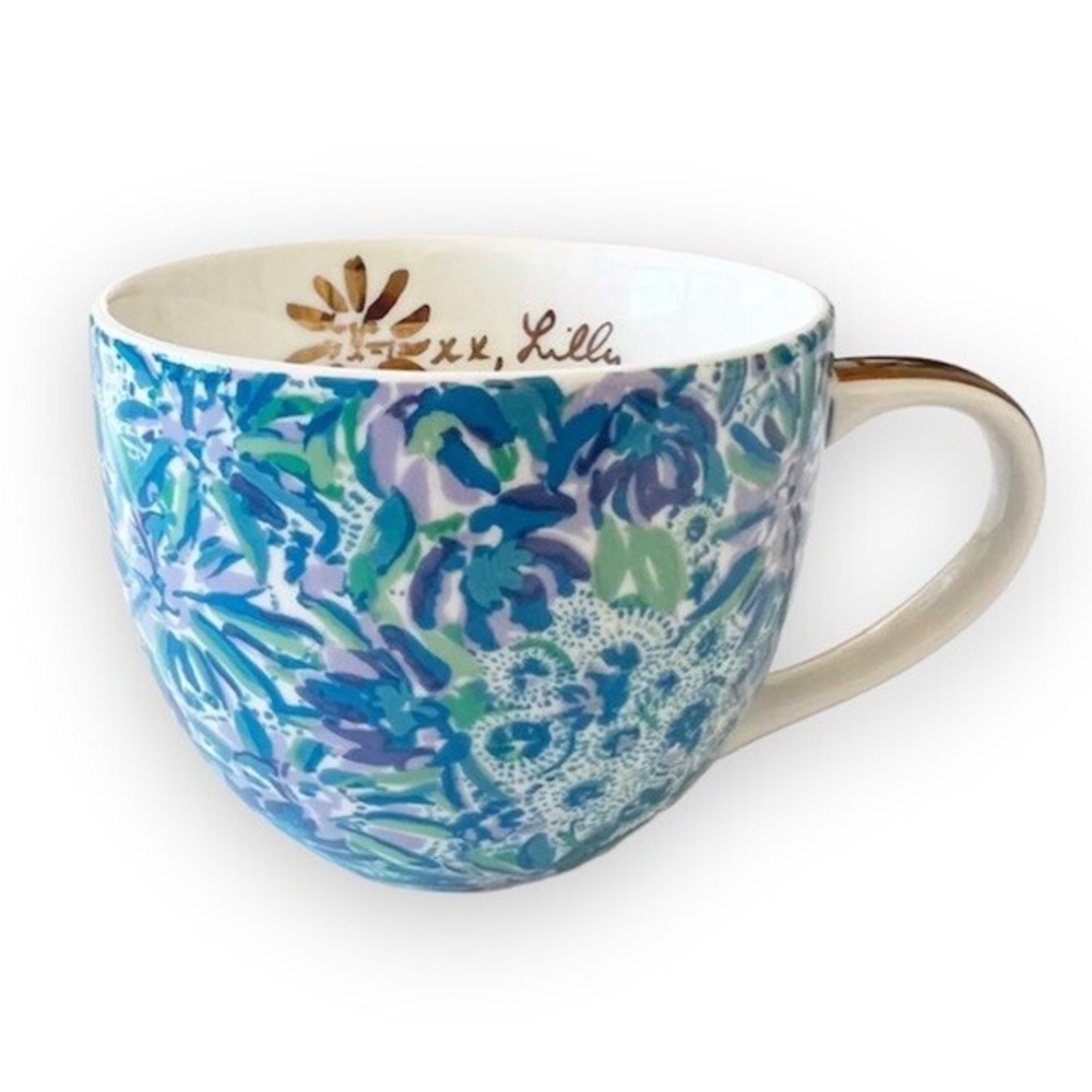 Lilly Pulitzer Lion Blue Floral Coffee Tea Mug with Gold Trim 12 oz 3.3" Height